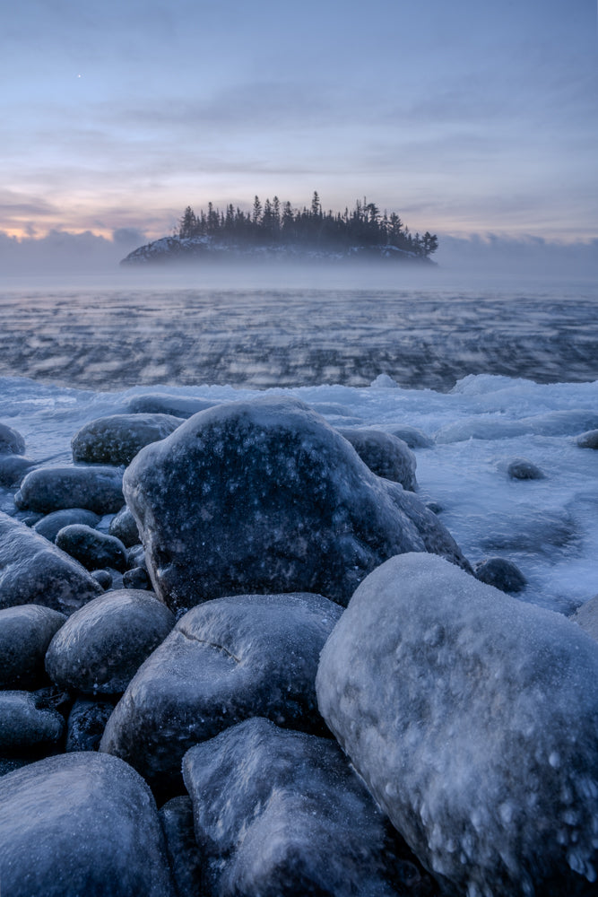Frozen Ellington Island with Sea Smoke