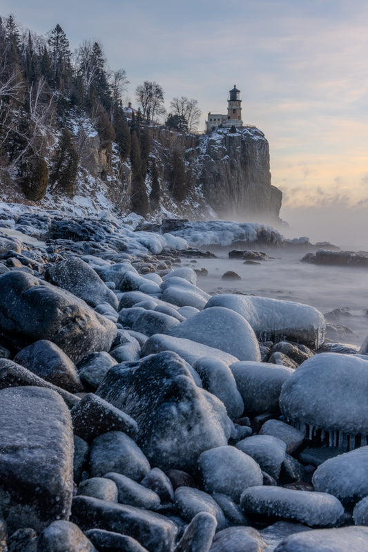 Split Rock in the Ice and Smoke