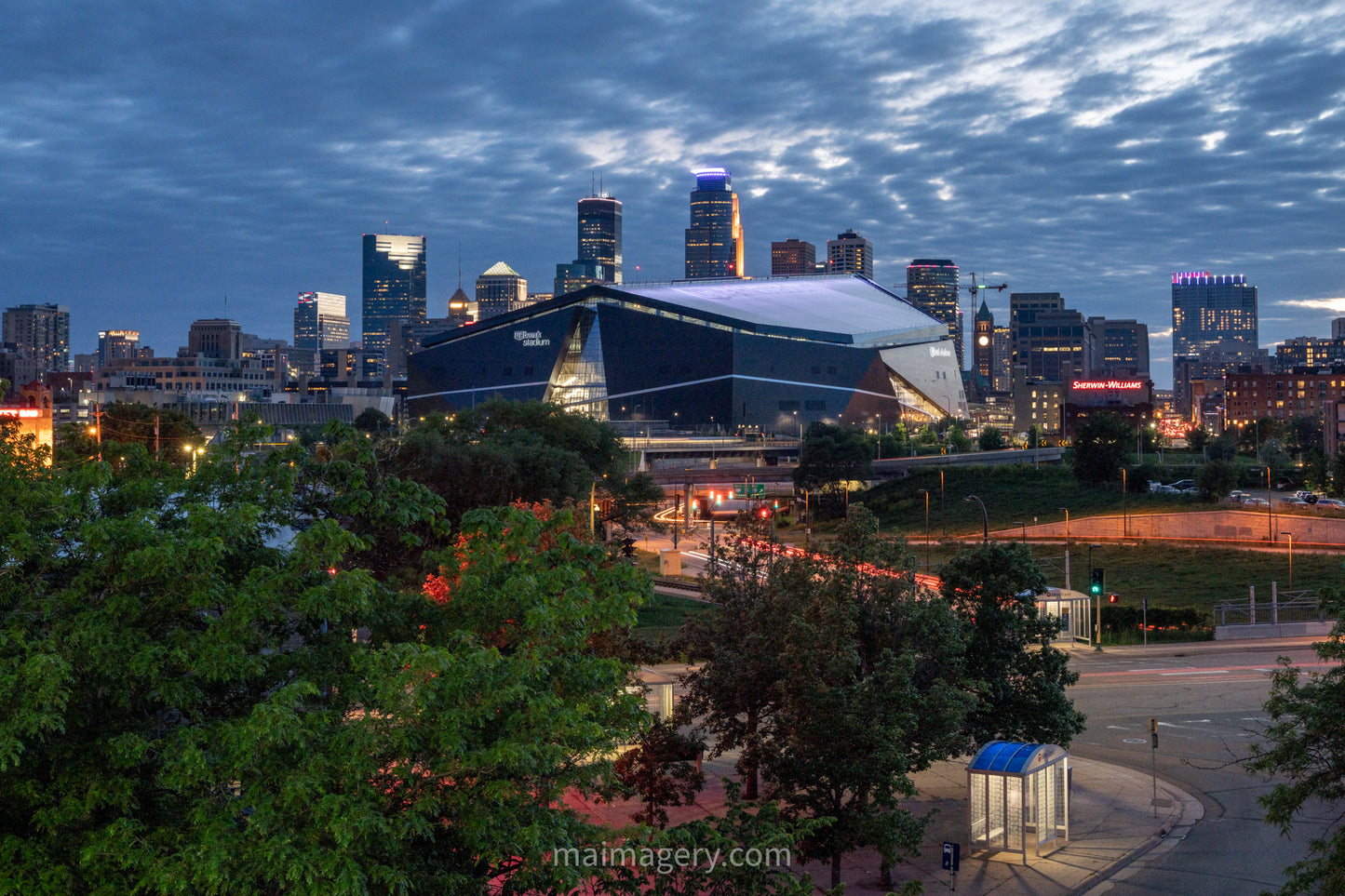 US Bank Stadium and Minneapolis Skyline at Dusk