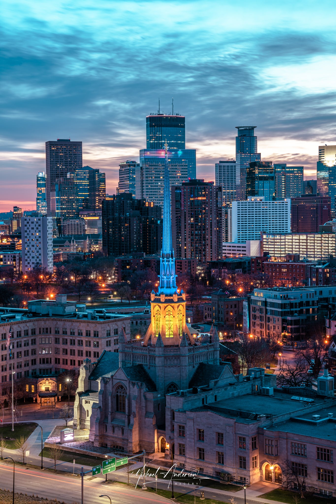 Hennepin Avenue United Methodist Church and Minneapolis Skyline
