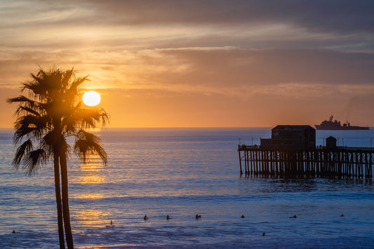 Oceanside Pier with Navy Ship and Surfers